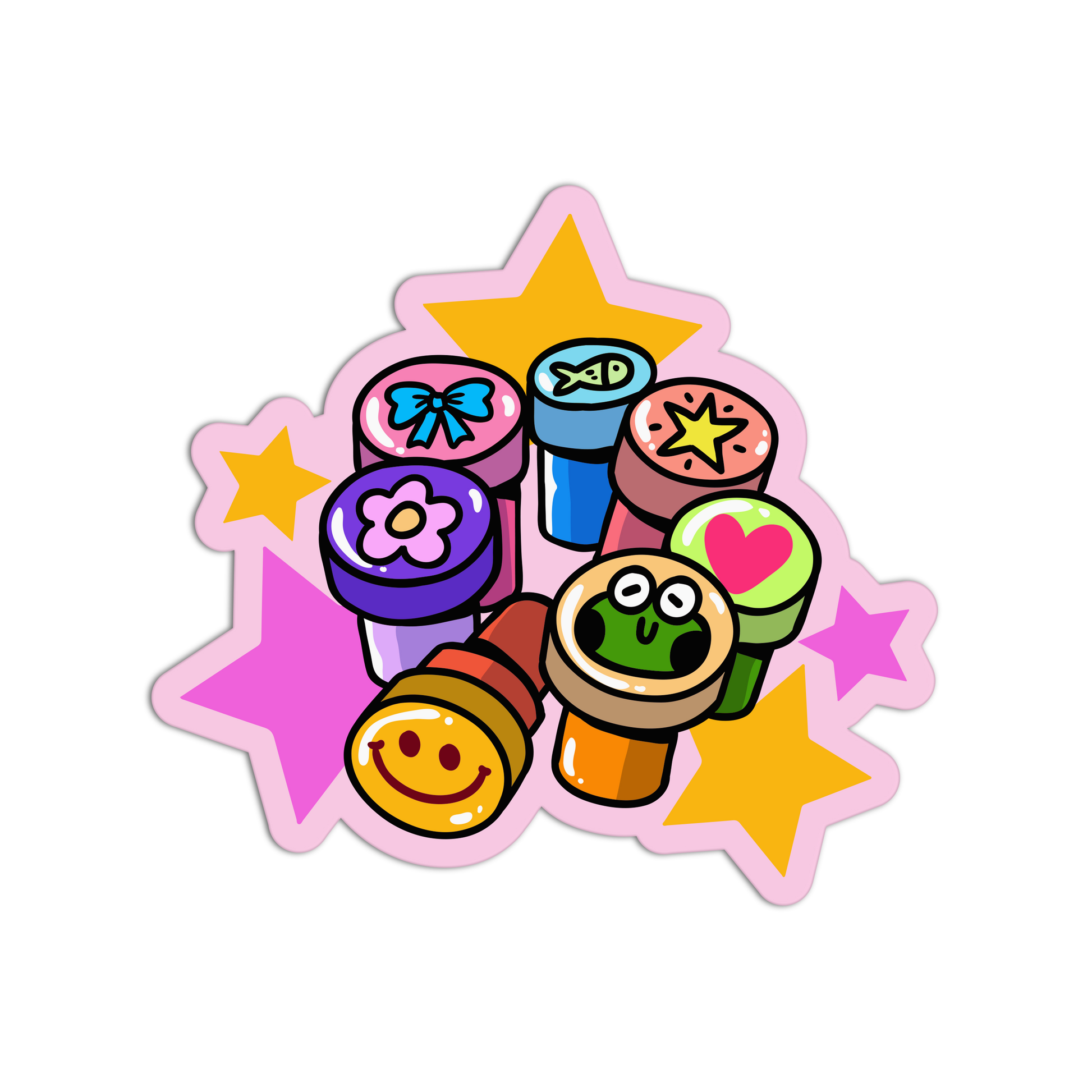 A colorful cartoon sticker or decal featuring a pile of cute stamp-like characters with star-shaped pink and yellow outlines on a plain white background.