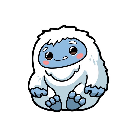 Cartoon-like yeti character with blue face and white fur on a white background