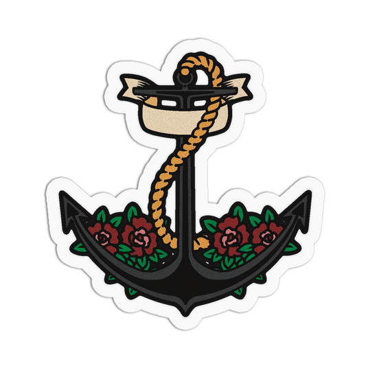 A die-cut sticker featuring a black anchor with a gold rope, green leaves, and red roses, shown on a plain white background.