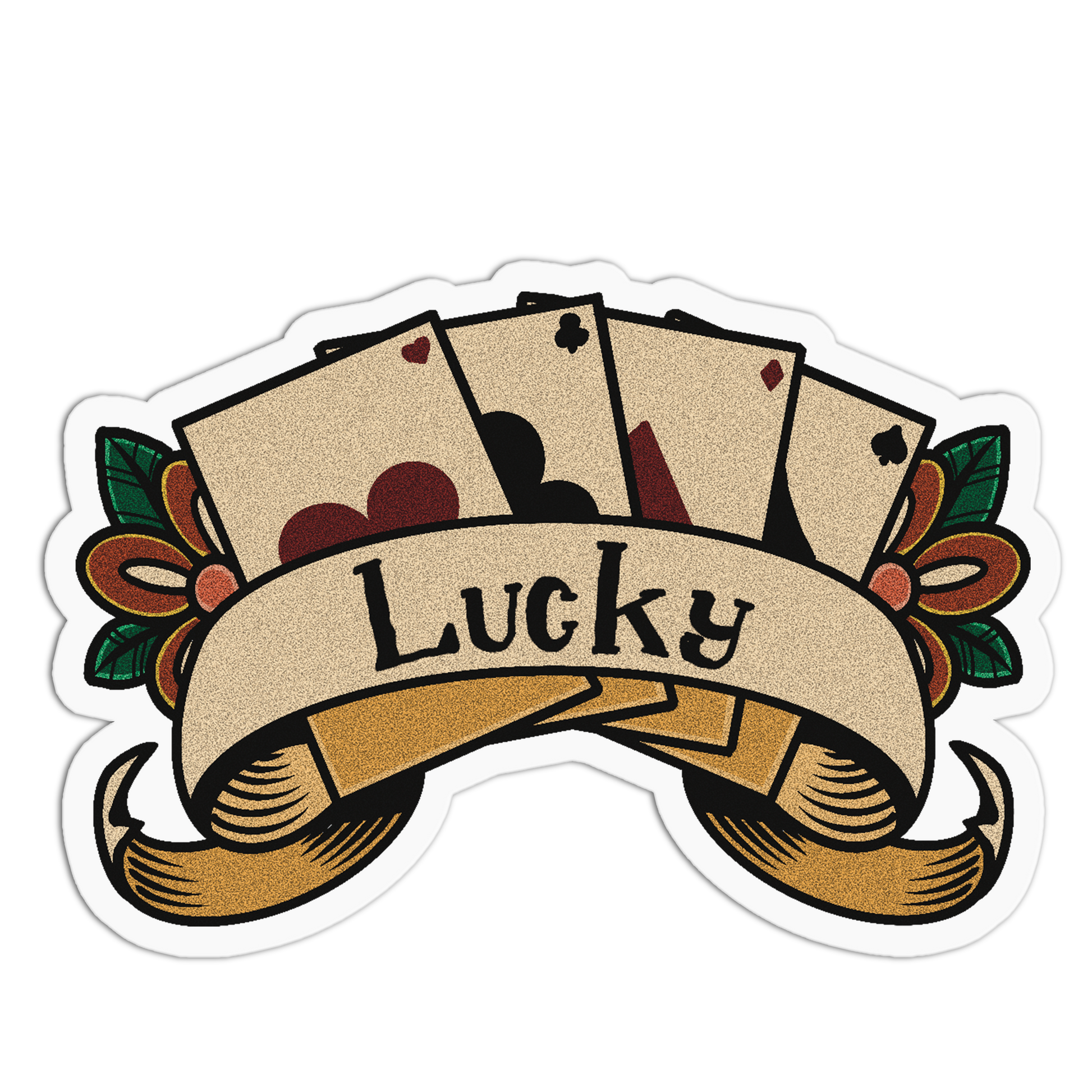 A die-cut sticker featuring a traditional tattoo-style illustration with four fanned playing cards, a ribbon banner reading 'Lucky,' and decorative leaves on both sides, shown on a plain white background.