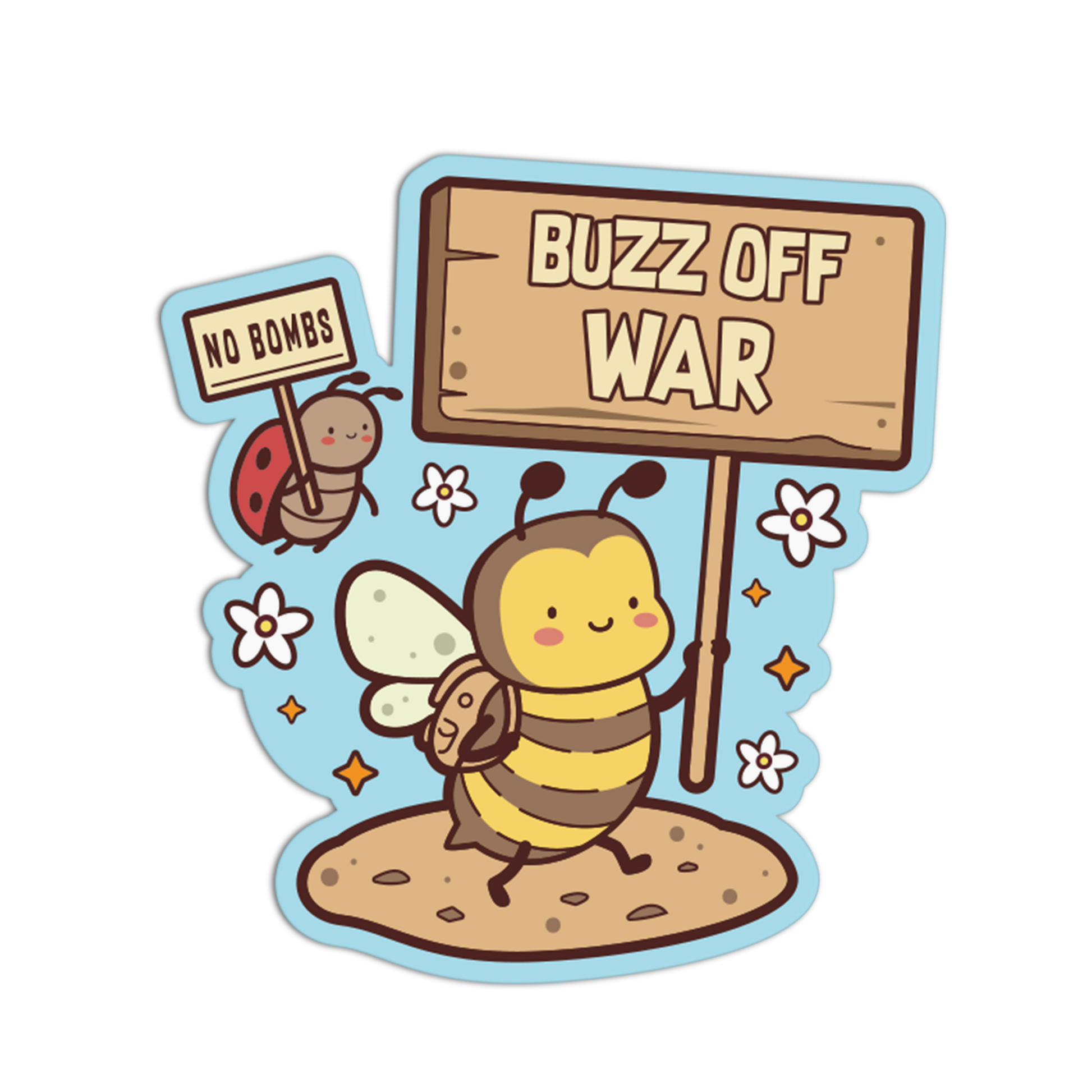 Cartoon bee holding a sign that says 'Buzz Off War' with a ladybug holding a 'No Bombs' sign on a white background.
