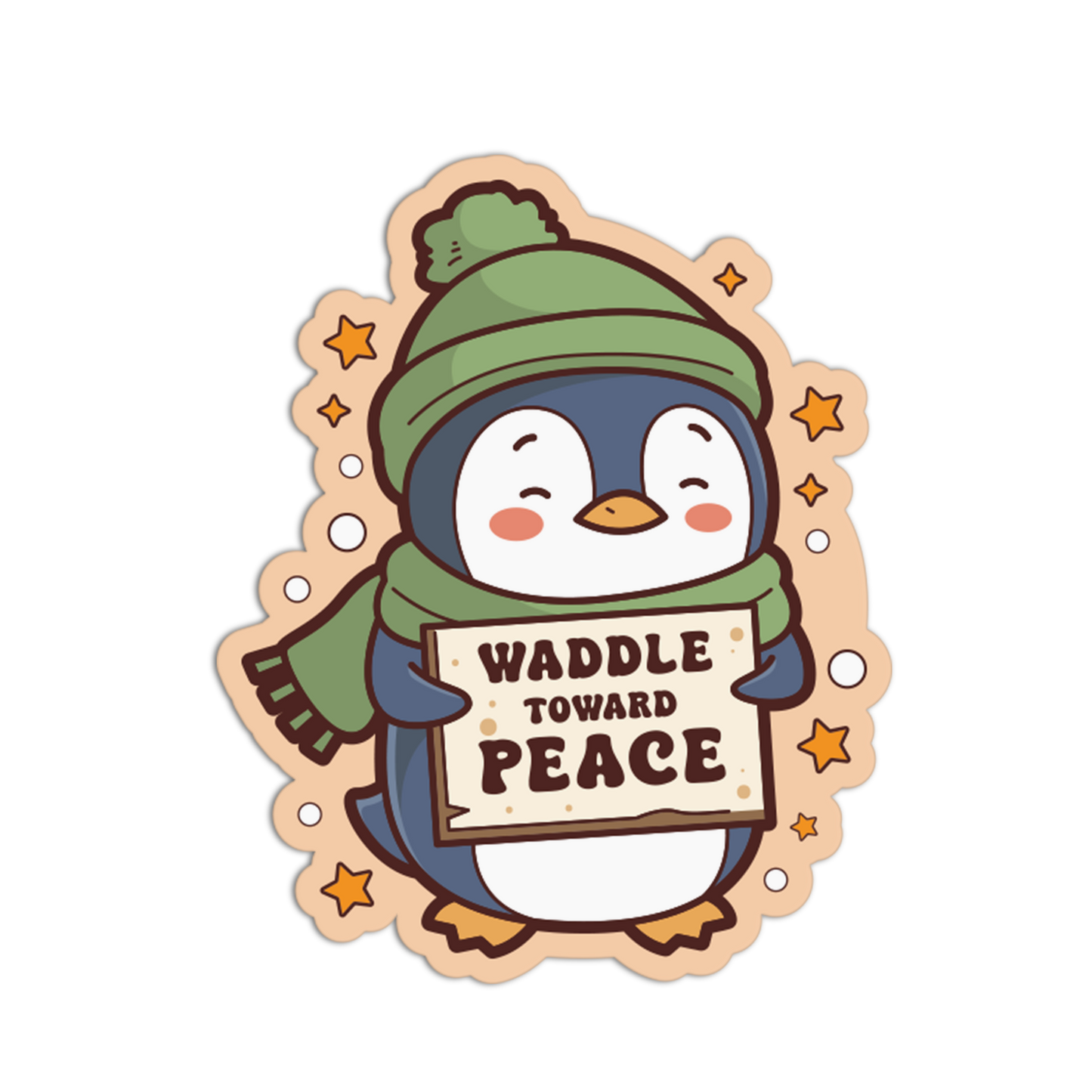 Cartoon penguin holding a sign with 'Waddle Toward Peace' on a decorative border.