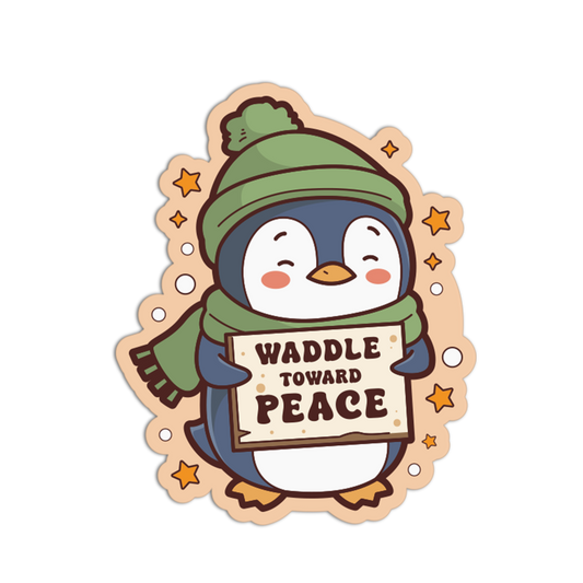 Cartoon penguin holding a sign with 'Waddle Toward Peace' on a decorative border.