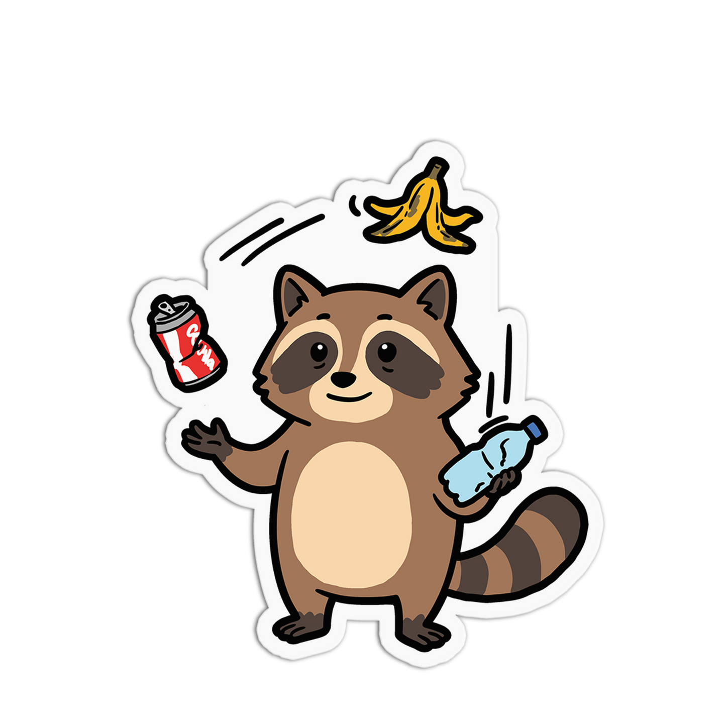 Cartoon raccoon holding a can, bottle, and bananas on a white background
