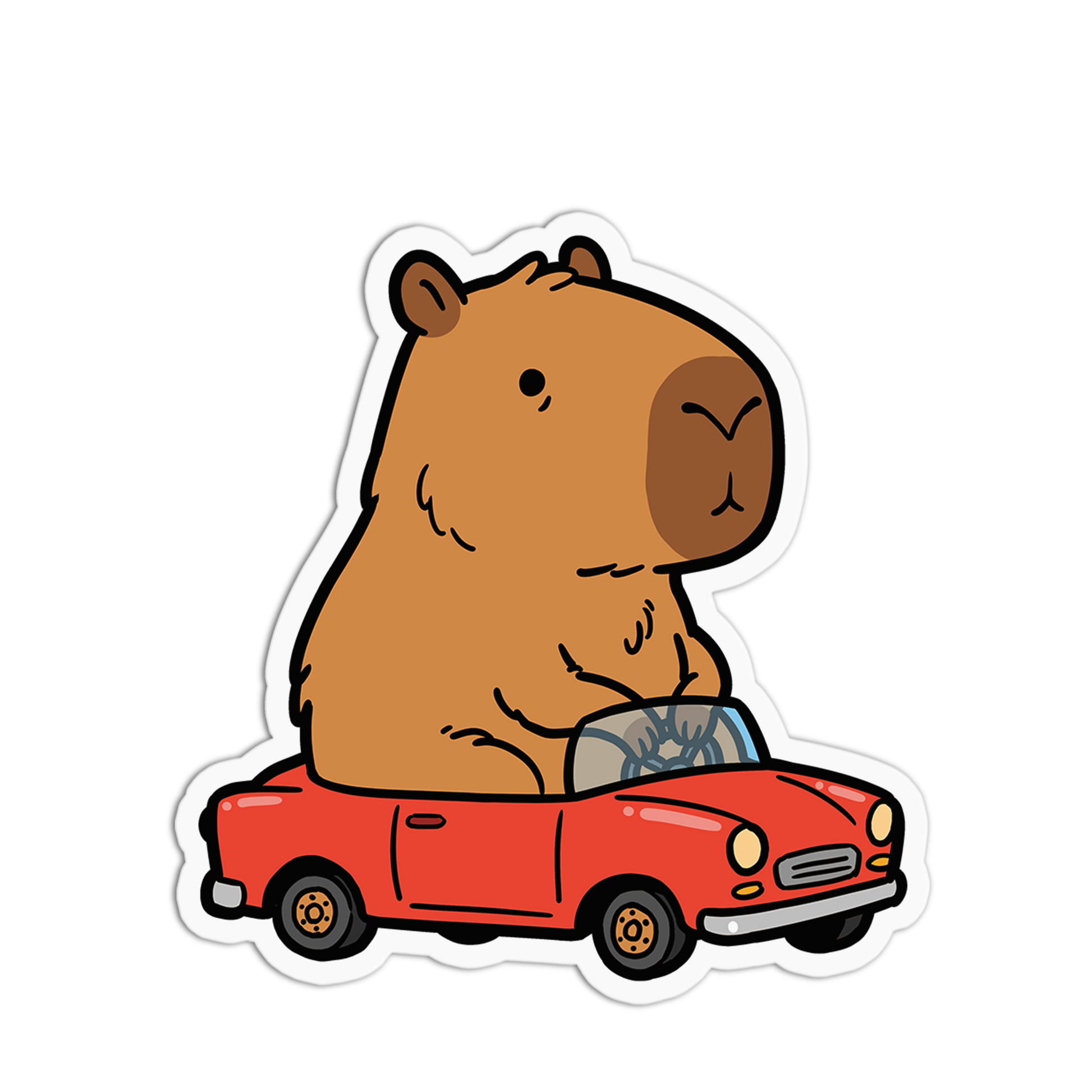 Cartoon bear driving a red car on a white background