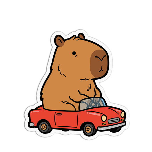Cartoon bear driving a red car on a white background