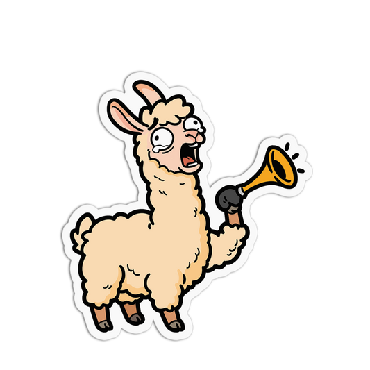 Cartoon llama blowing a horn on a white background