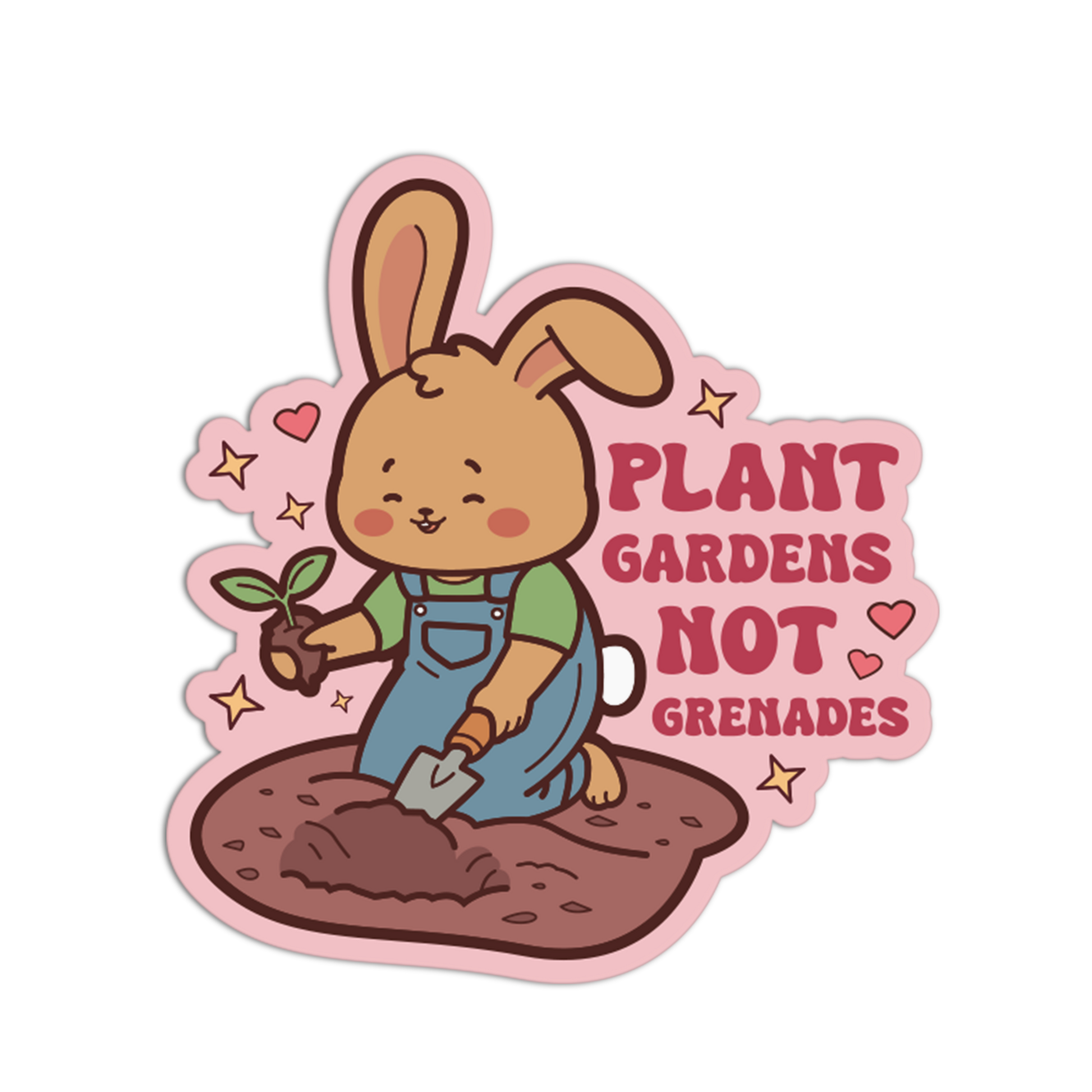 Sticker with a cartoon rabbit planting a seedling, surrounded by stars and hearts, with text 'Plant Gardens Not Grenades' on a pink border.