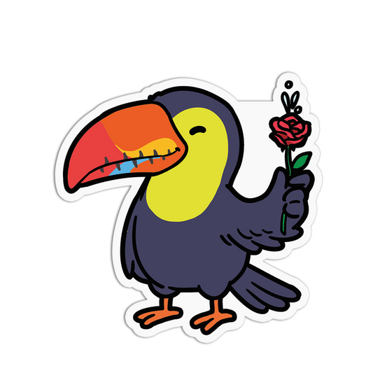 Cartoon toucan holding a rose on a white background
