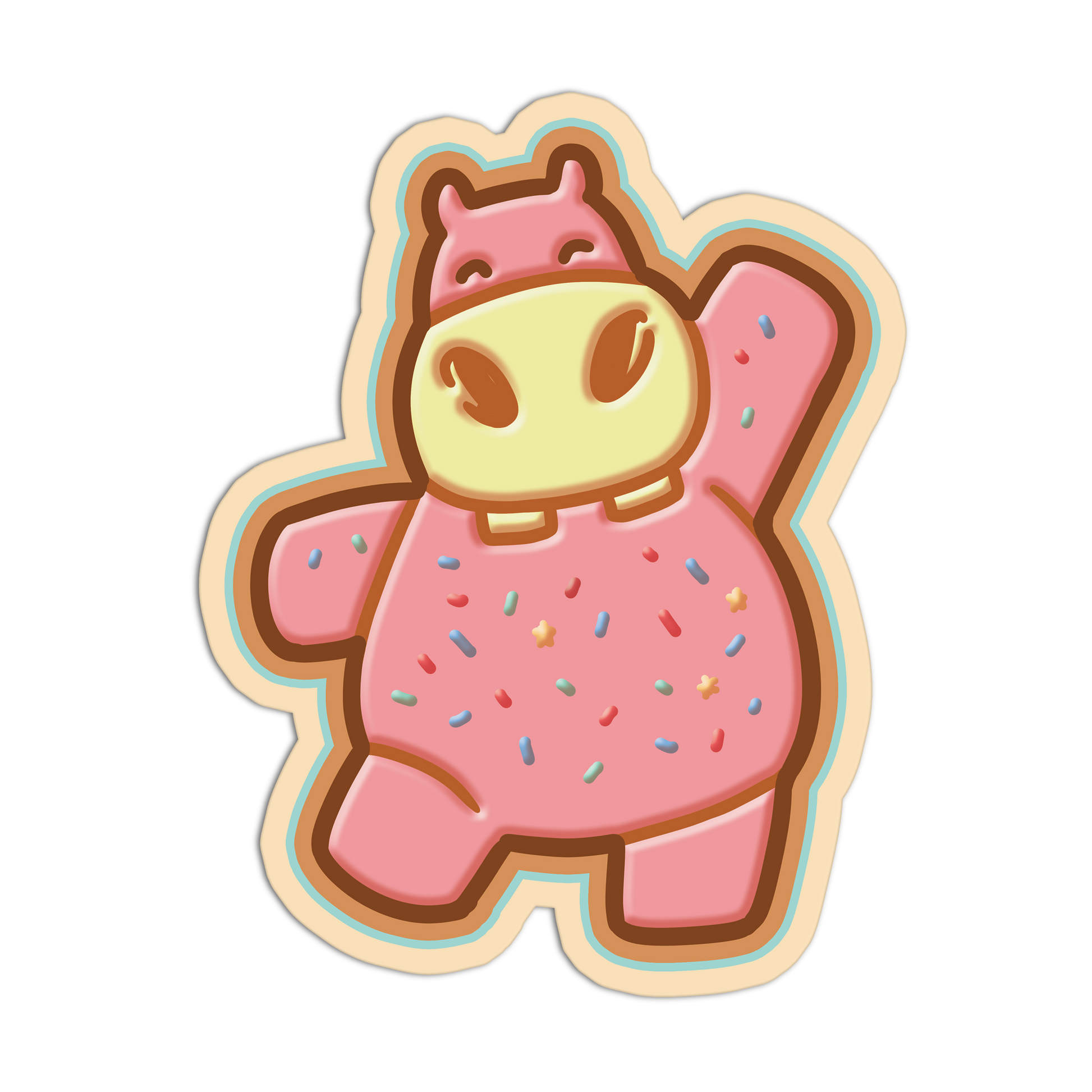 Cartoon cow with pink body and rainbow sprinkles on a white background