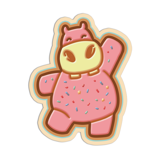 Cartoon cow with pink body and rainbow sprinkles on a white background