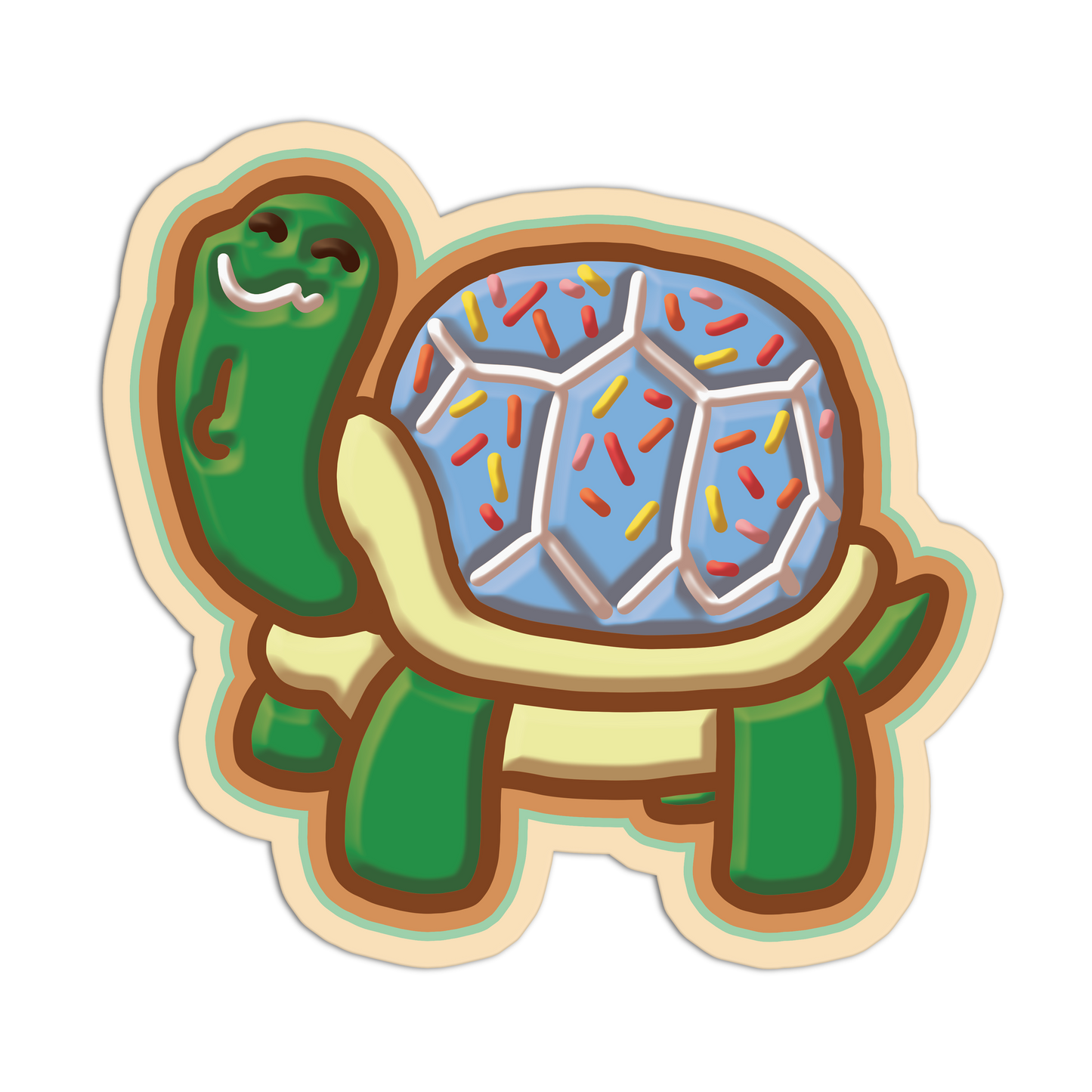 Tortoise-shaped cookie with a blue filling and colorful sprinkles on a white background