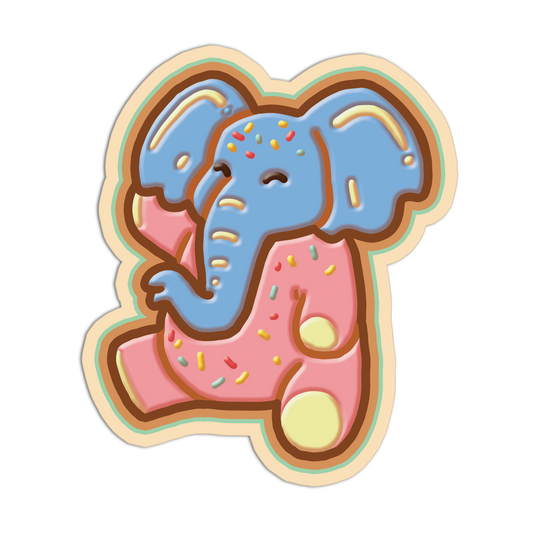 Sticker of a blue elephant in a pink dress with sprinkles on a white background