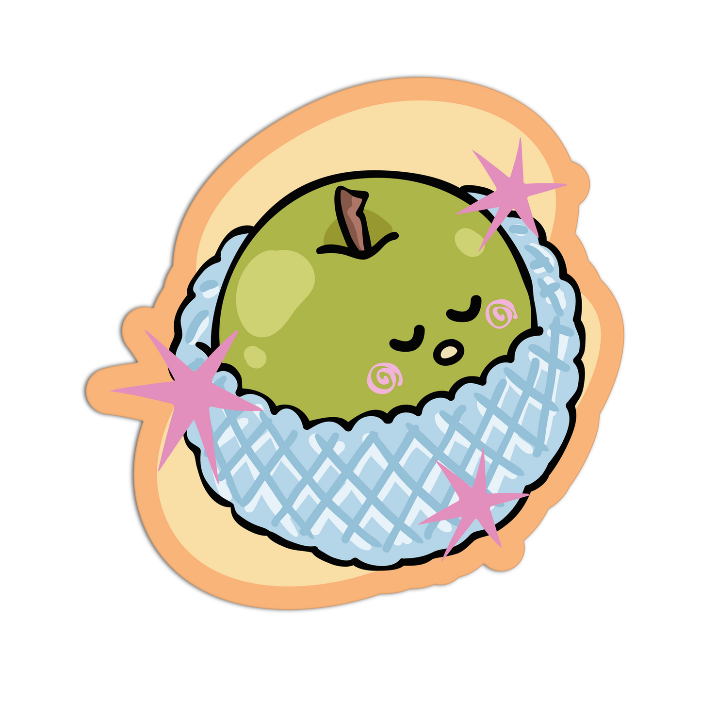 Cartoon avocado with a face inside a shell on a white background