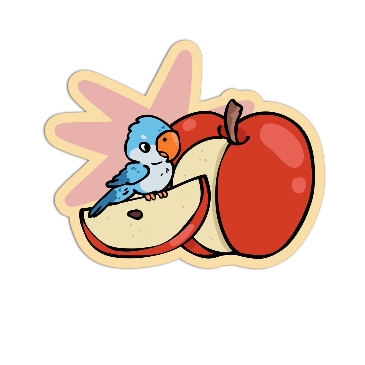 Cartoon blue bird on a sliced peach with a starfish background