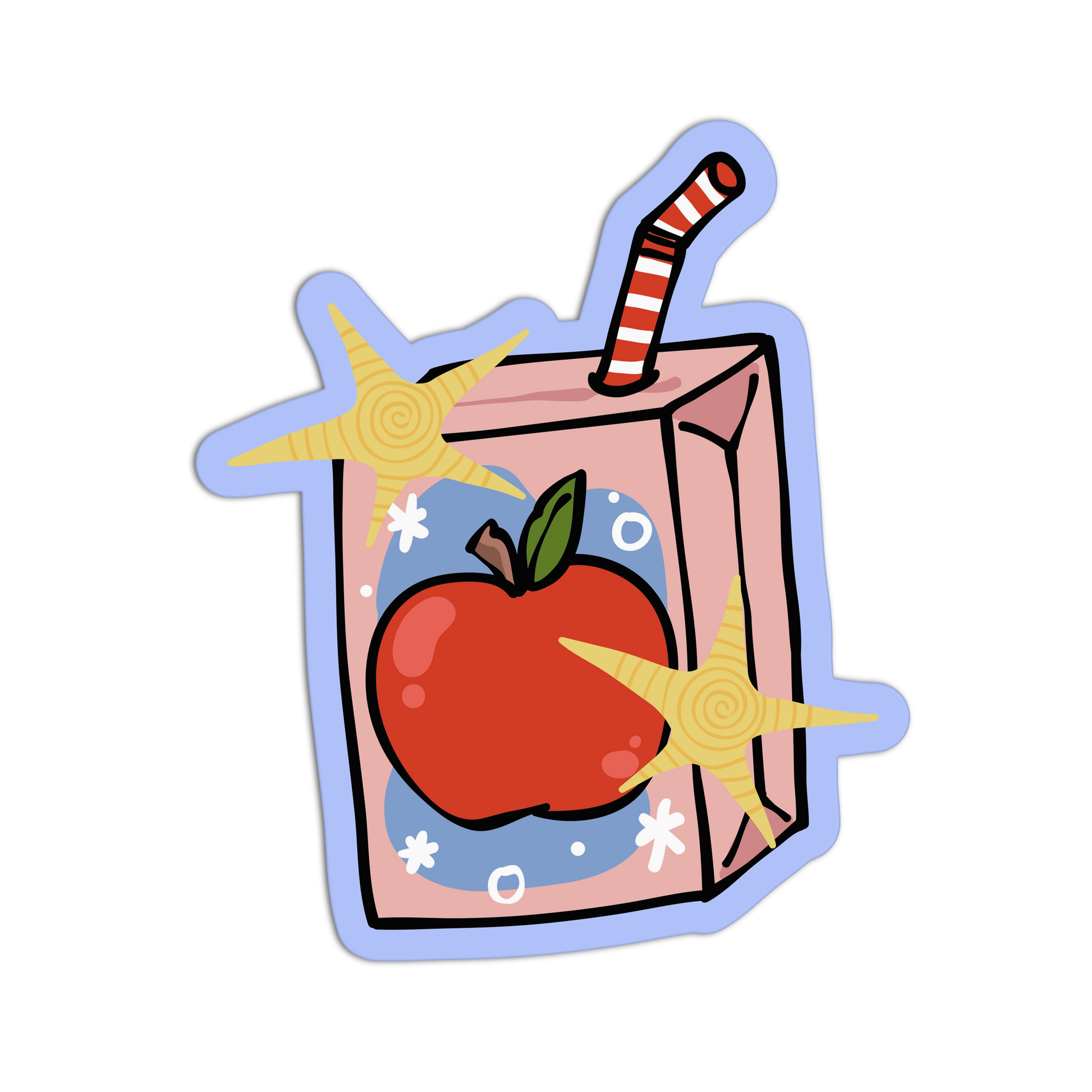 Cartoon juice box with an apple and star decorations on a transparent background
