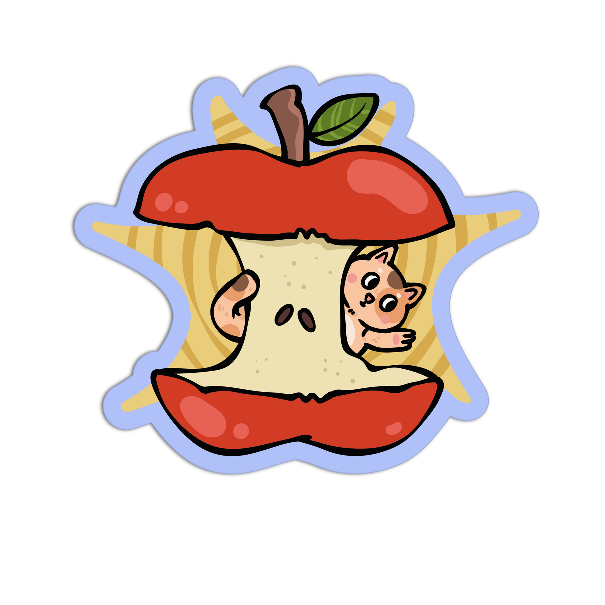 Cartoon character peeking out from a sliced apple with a star-shaped cutout on a white background