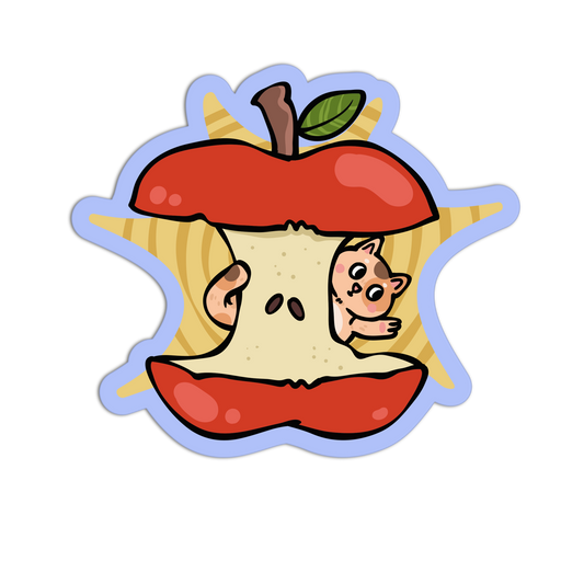 Cartoon character peeking out from a sliced apple with a star-shaped cutout on a white background