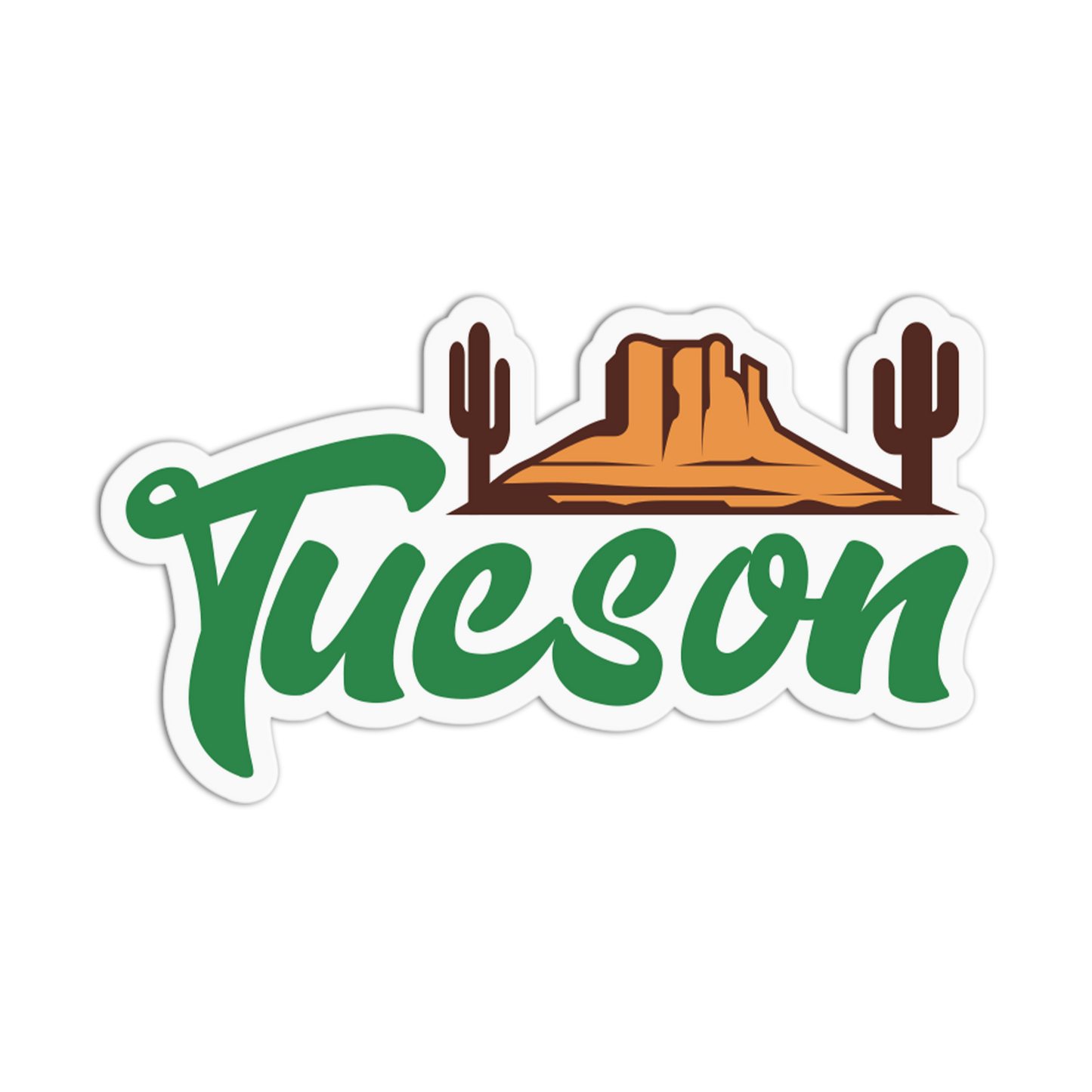 Sticker with 'Tucson' text featuring a cactus and mountain design on a white background