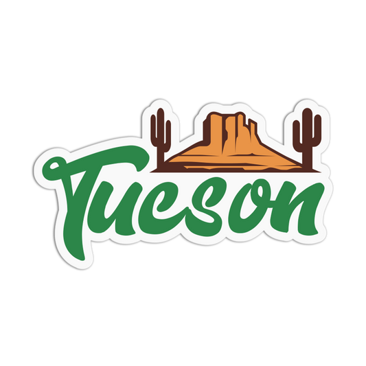 Sticker with 'Tucson' text featuring a cactus and mountain design on a white background