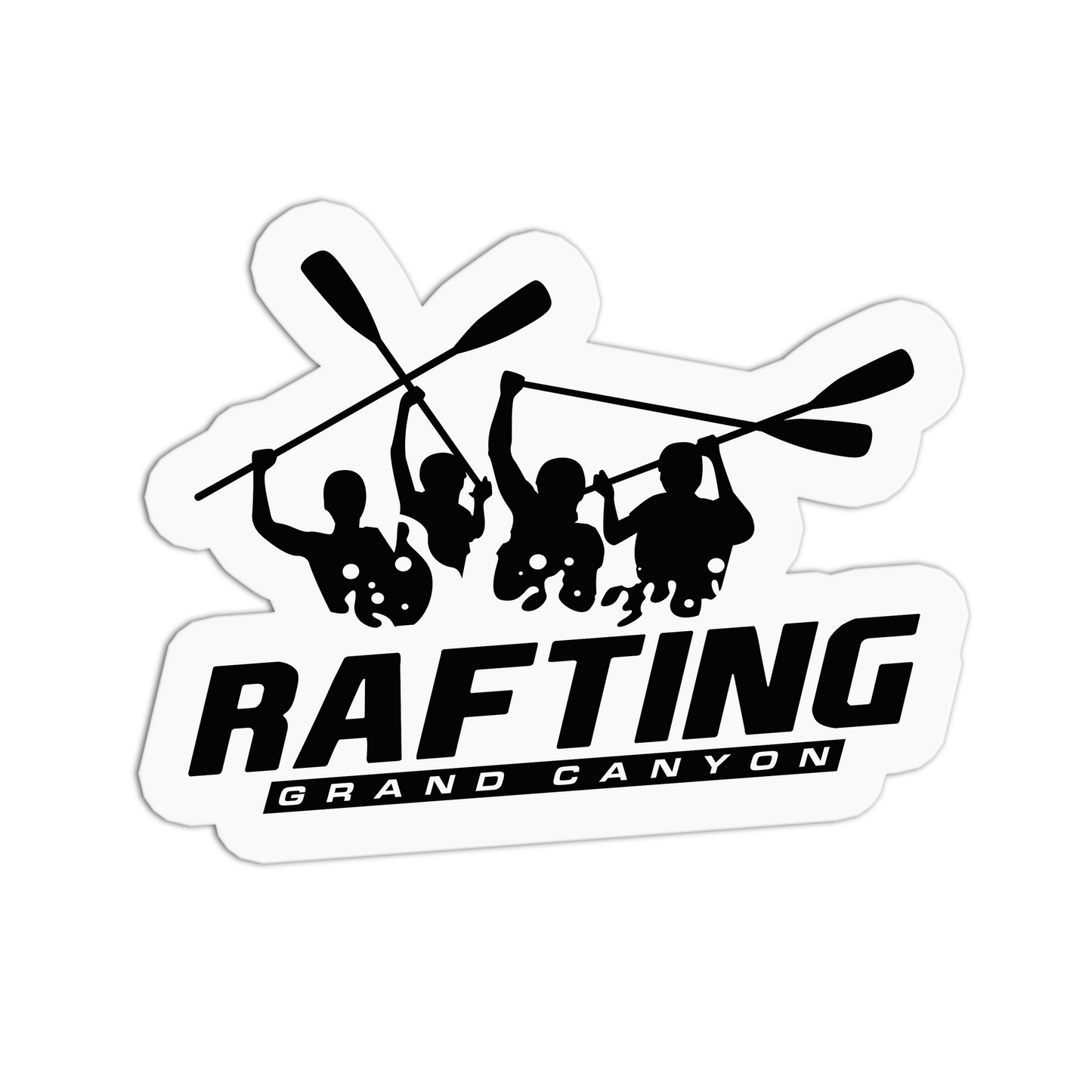 Sticker with rafting design and text 'Rafting Grand Canyon' on a white background
