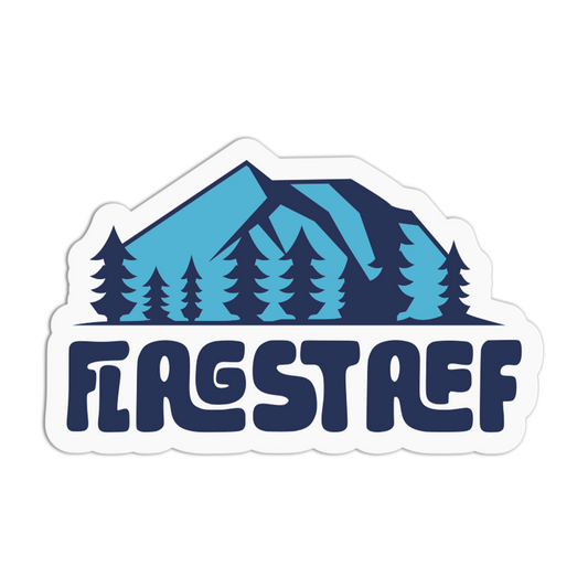 Sticker with mountain and tree design featuring the word 'FLAGSTAFF'.