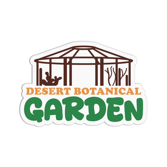 Logo of Desert Botanical Garden with a gazebo and trees on a white background