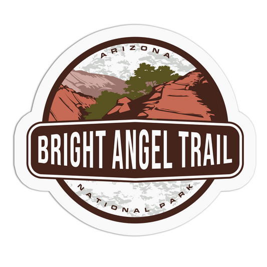 Sticker with 'Bright Angel Trail' and 'Arizona National Park' text, featuring a scenic illustration.