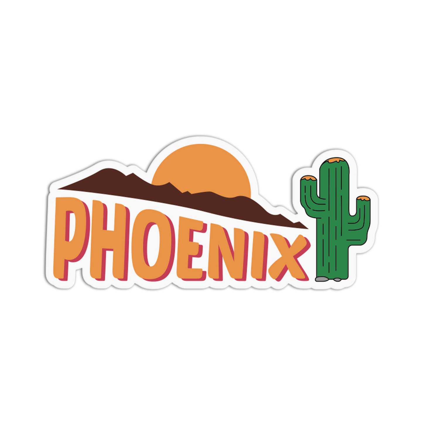 Sticker with 'Phoenix' text, cactus, and desert landscape on a white background