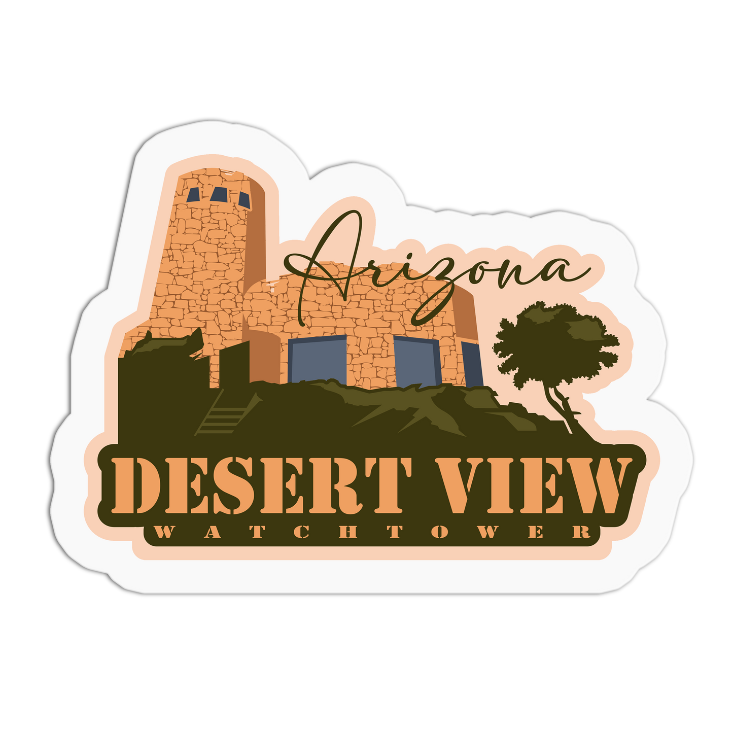 Sticker of the Desert View Watchtower with 'Arizona' text on a white background