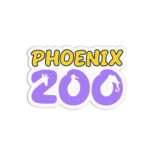  phoenix zoo logo with yellow text and purple numbers on a white background