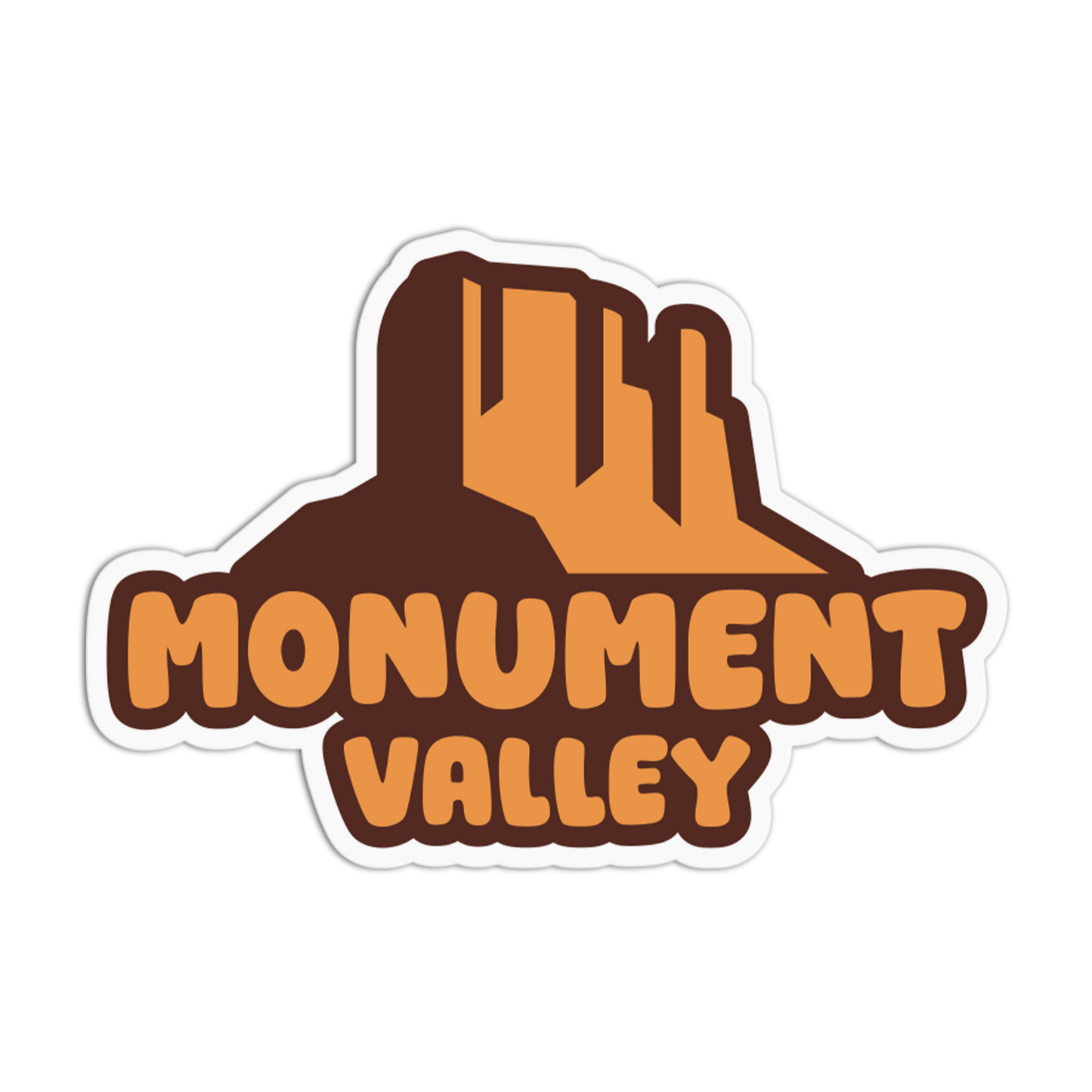 Sticker with 'Monument Valley' text and silhouette of desert landscape on a white background