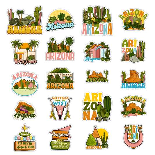 A collection of various Arizona-themed stickers featuring different designs such as the state's name, a cactus, and other symbols related to the state.