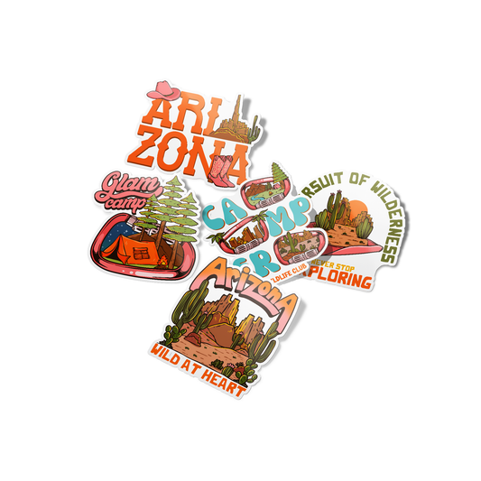 A collection of five colorful stickers with Arizona-related designs, including a cactus, a camper, and various landmarks.