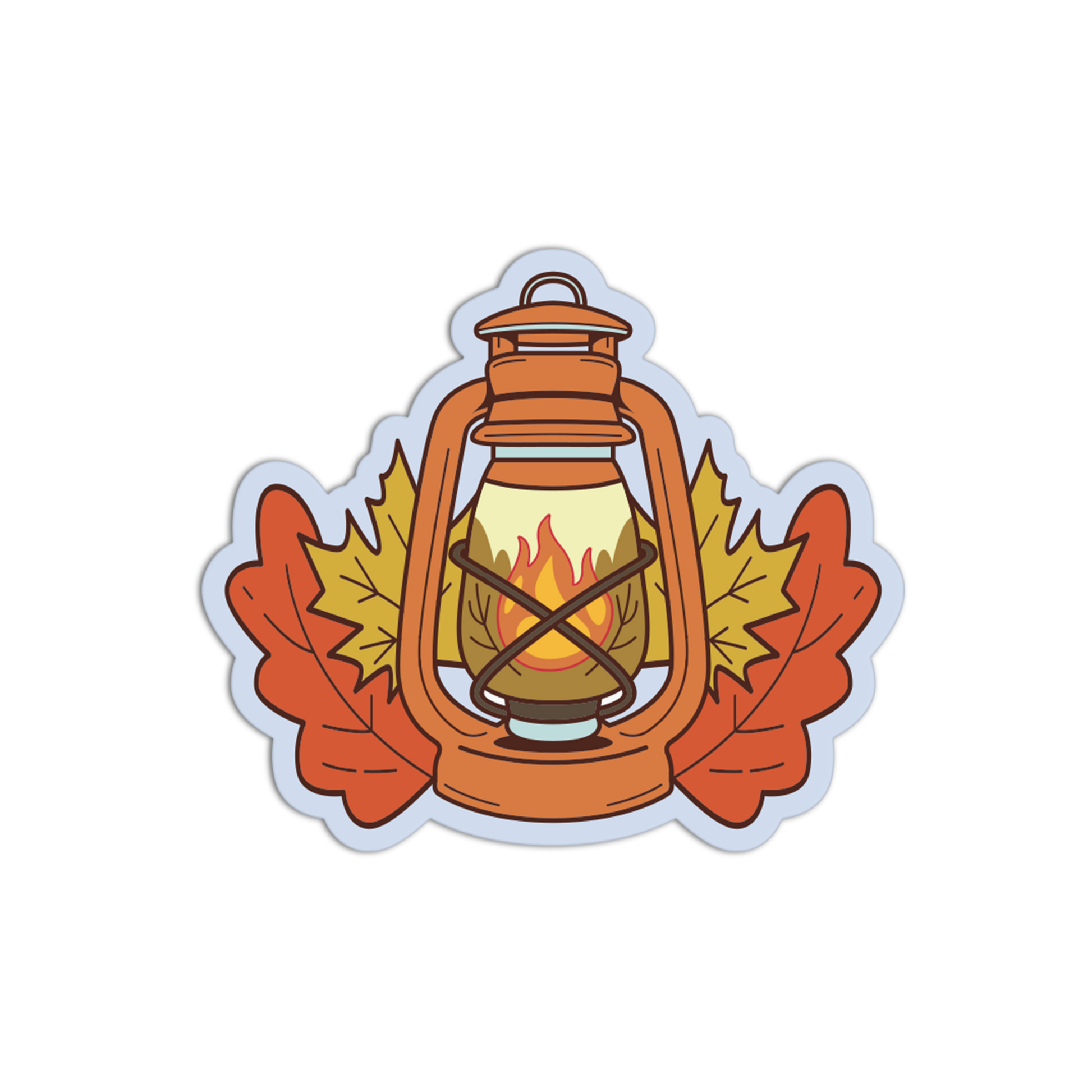 A die-cut sticker featuring an autumn-themed illustration of a vintage lantern with a lit flame, flanked by two orange maple leaves and a yellow leaf in the center, shown on a plain white background.