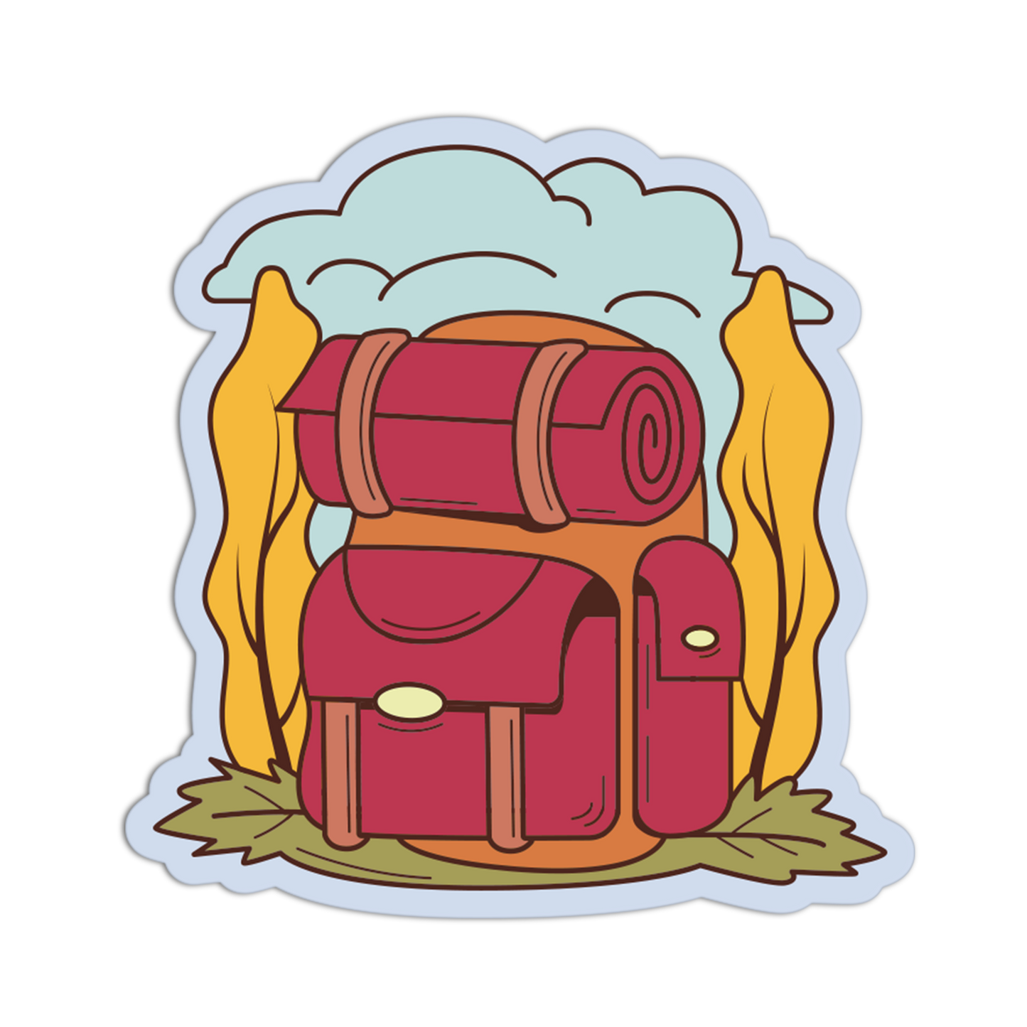 A die-cut sticker featuring a cartoon camping backpack illustration with a rolled sleeping pad on top, yellow trees or flames behind it, a light blue cloud above, and green leaves at the bottom, shown on a plain white background.