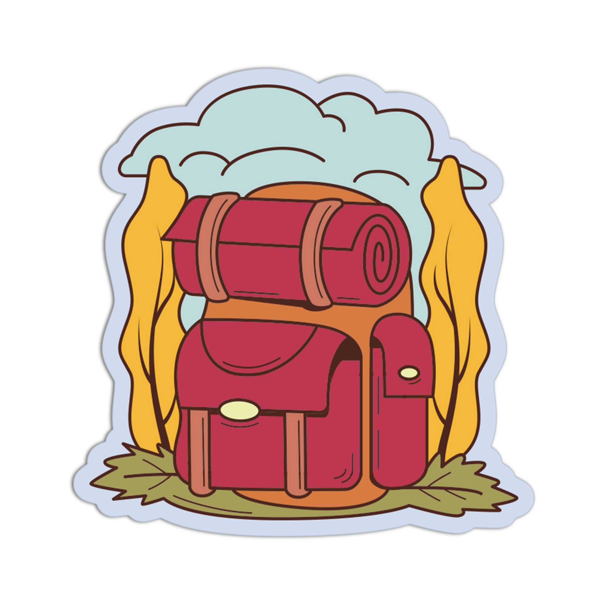 A die-cut sticker featuring a cartoon camping backpack illustration with a rolled sleeping pad on top, yellow trees or flames behind it, a light blue cloud above, and green leaves at the bottom, shown on a plain white background.