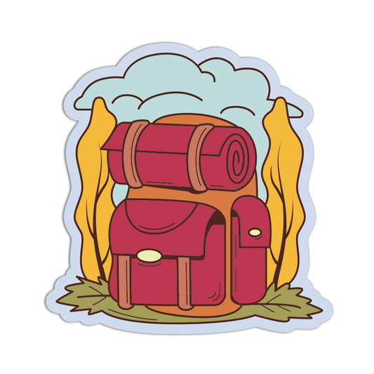 A die-cut sticker featuring a cartoon camping backpack illustration with a rolled sleeping pad on top, yellow trees or flames behind it, a light blue cloud above, and green leaves at the bottom, shown on a plain white background.