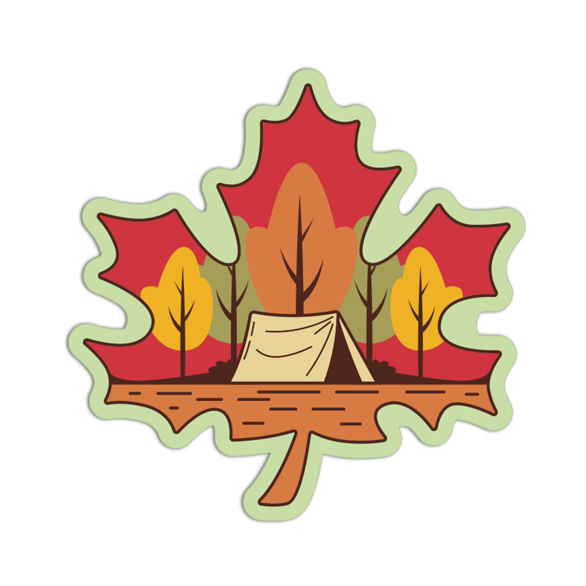 A die-cut sticker or decal shaped like a maple leaf, featuring a camping scene with a beige tent, autumn trees in red, orange, yellow, and green, and a brown ground layer, shown on a plain white background.