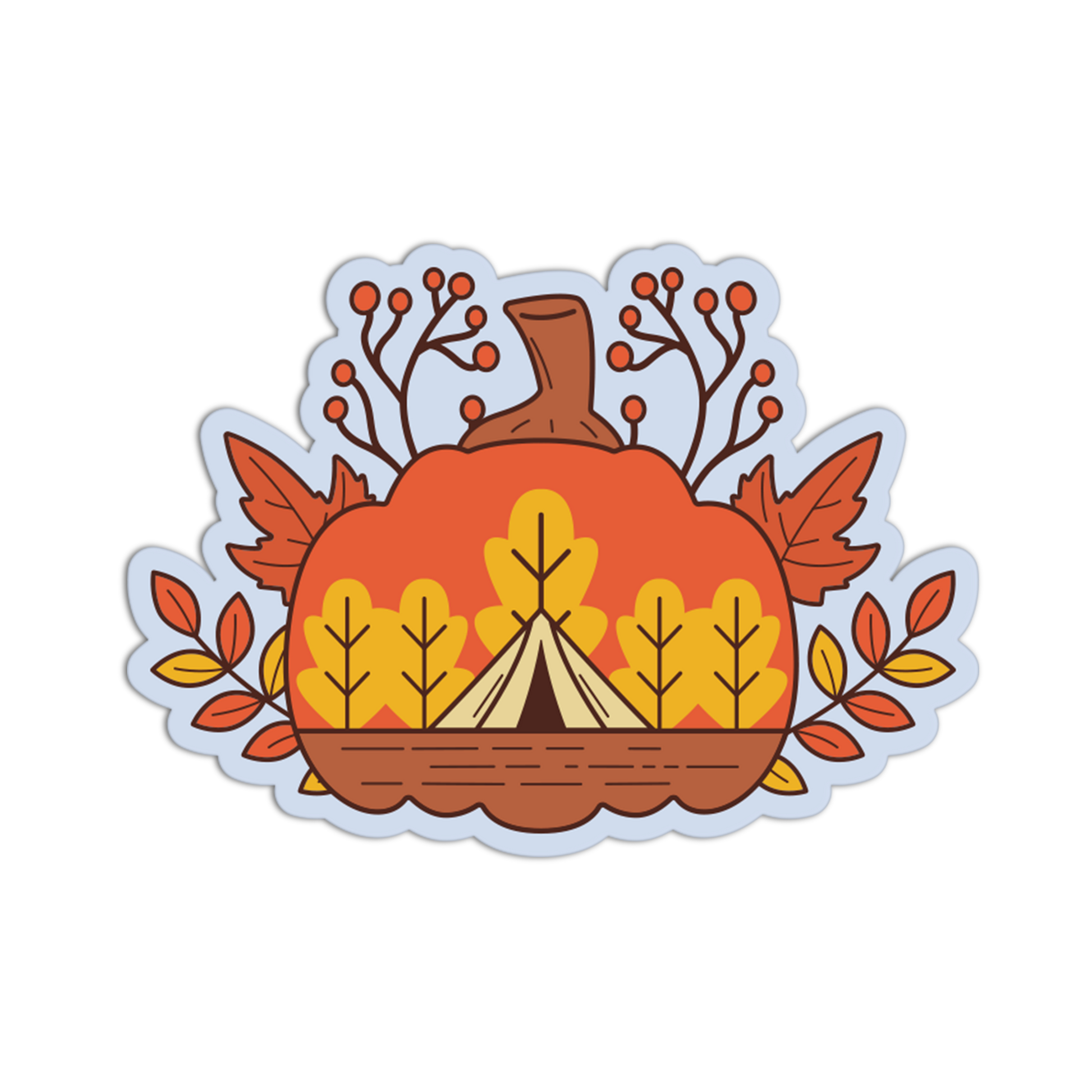 A die-cut sticker featuring an autumn camping theme, with a large orange pumpkin, a beige teepee tent, yellow and orange leaves, and brown branches on a white background.