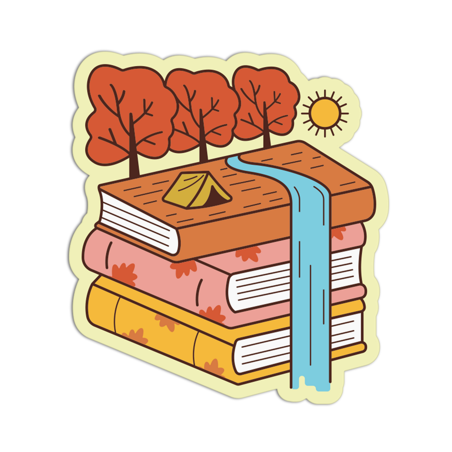 A die-cut sticker featuring a whimsical illustration of stacked books with a small tent on the top book, a blue stream running down the center, three orange autumn trees, and a yellow sun, all outlined in black and set on a pale yellow background.
