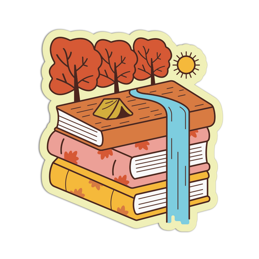 A die-cut sticker featuring a whimsical illustration of stacked books with a small tent on the top book, a blue stream running down the center, three orange autumn trees, and a yellow sun, all outlined in black and set on a pale yellow background.