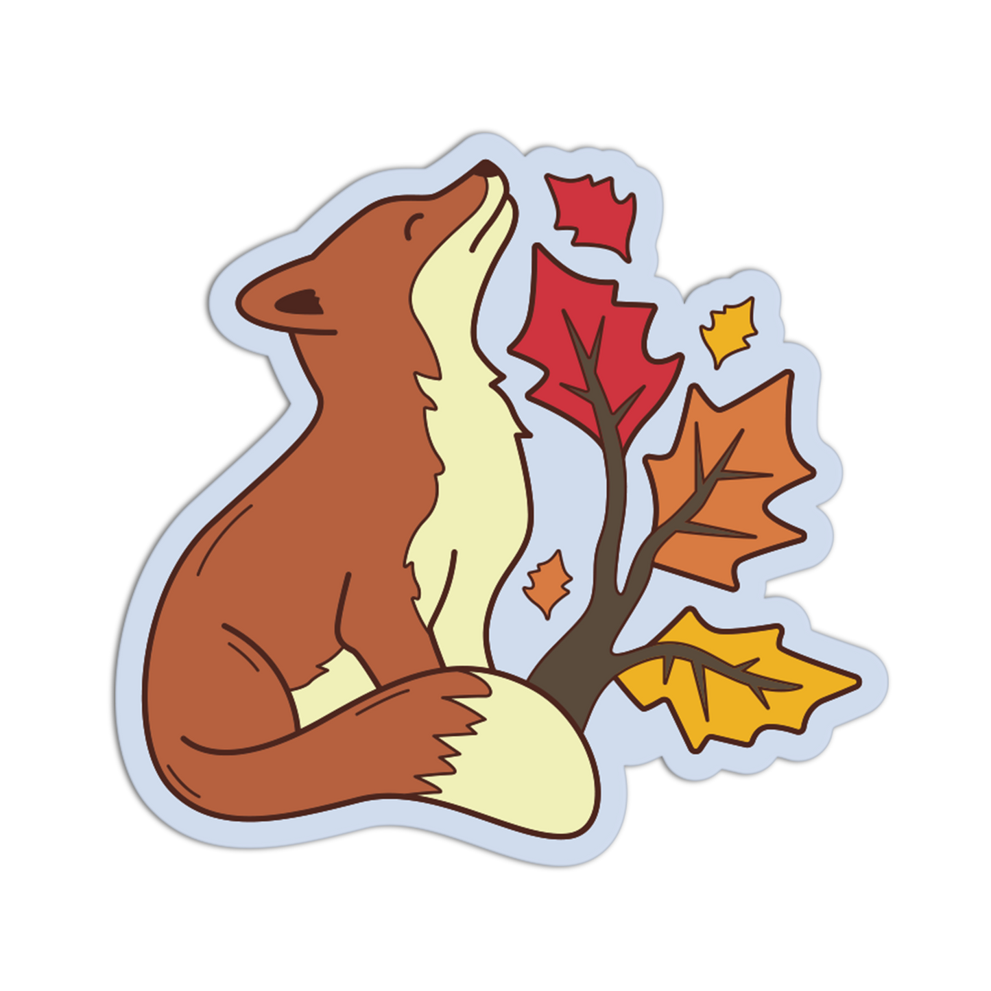 A die-cut sticker featuring a cartoon brown fox looking up at red, orange, yellow, and brown autumn leaves, shown on a plain white background.