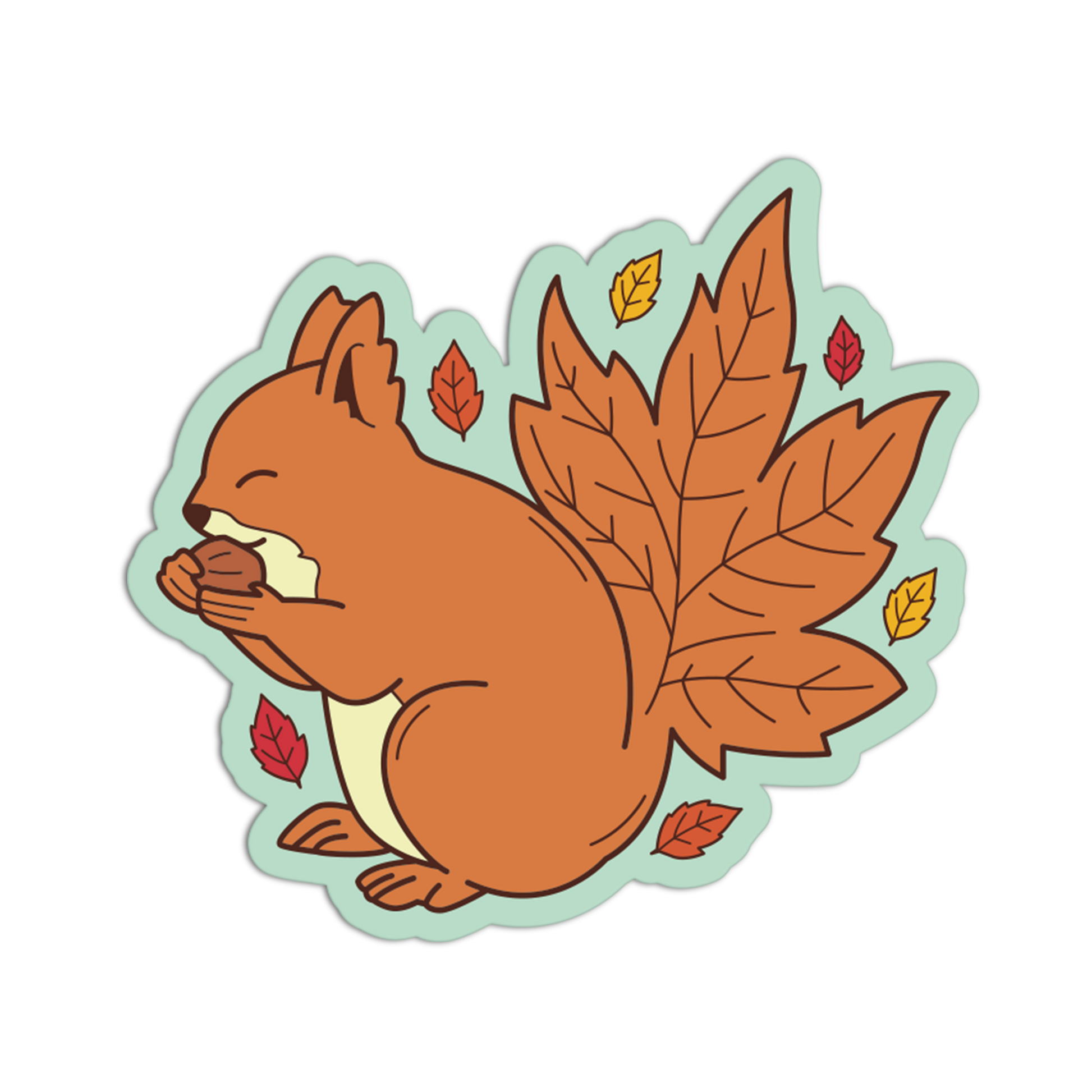A die-cut sticker featuring a cartoon brown squirrel holding an acorn, surrounded by autumn leaves in orange, red, and yellow on a mint green outline, shown on a plain white background.