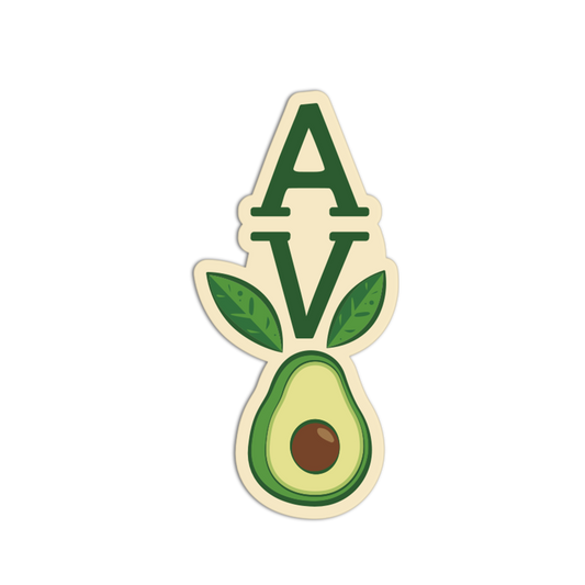 Avocado-shaped sticker with 'AV' letters on a white background