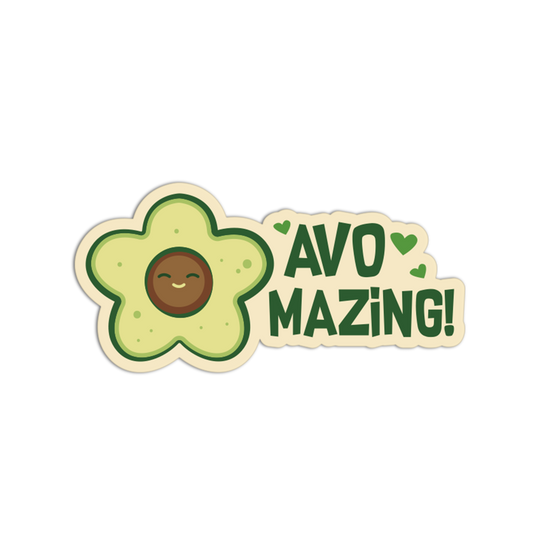Avocado-shaped sticker with 'AVO MAZING!' text on a white background