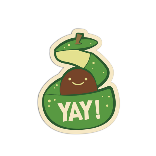Sticker with a smiling green character and 'YAY!' text on a white background