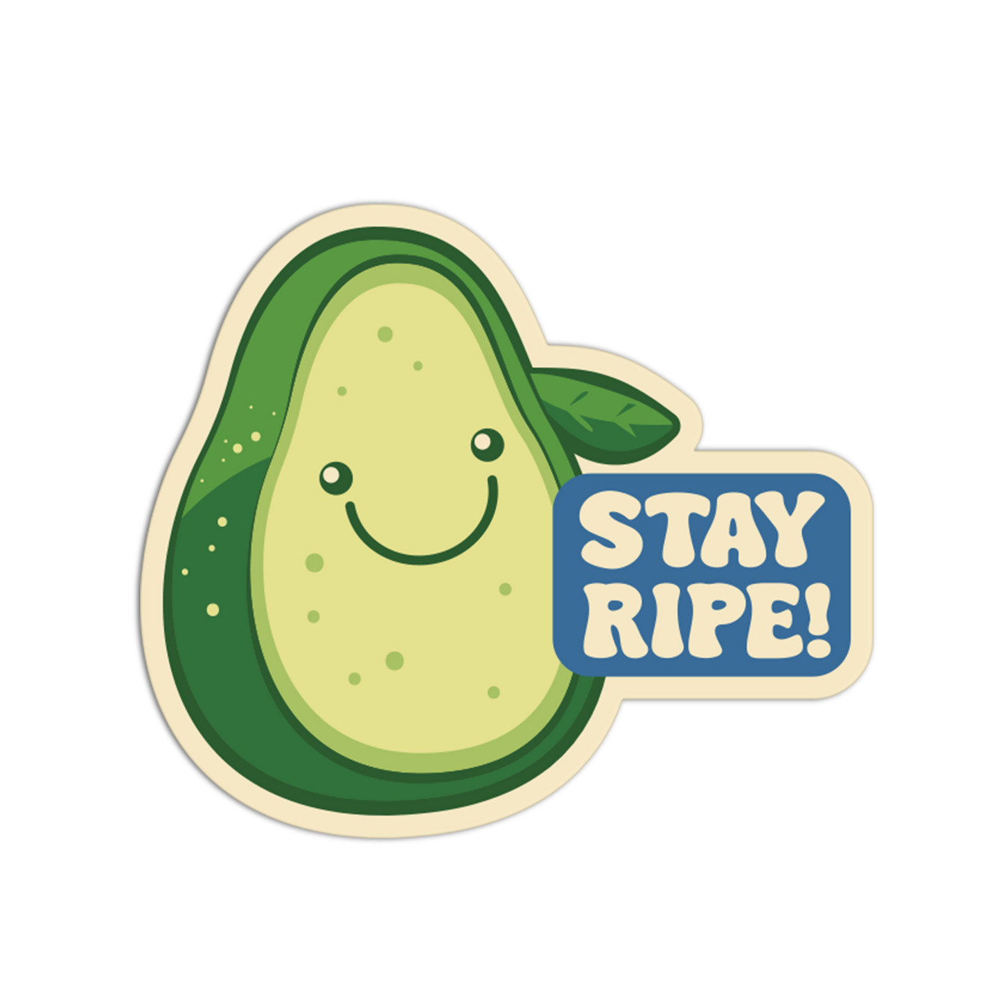 Cartoon avocado with a 'Stay Ripe!' sign on a white background