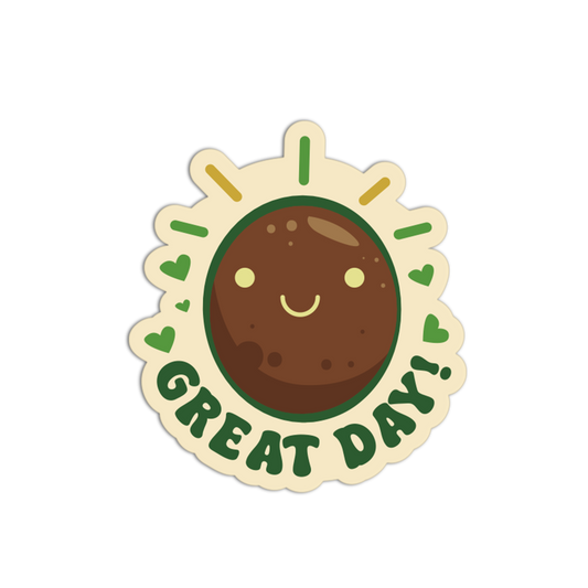 Sticker with a smiling brown circle and 'Great Day!' text on a white background