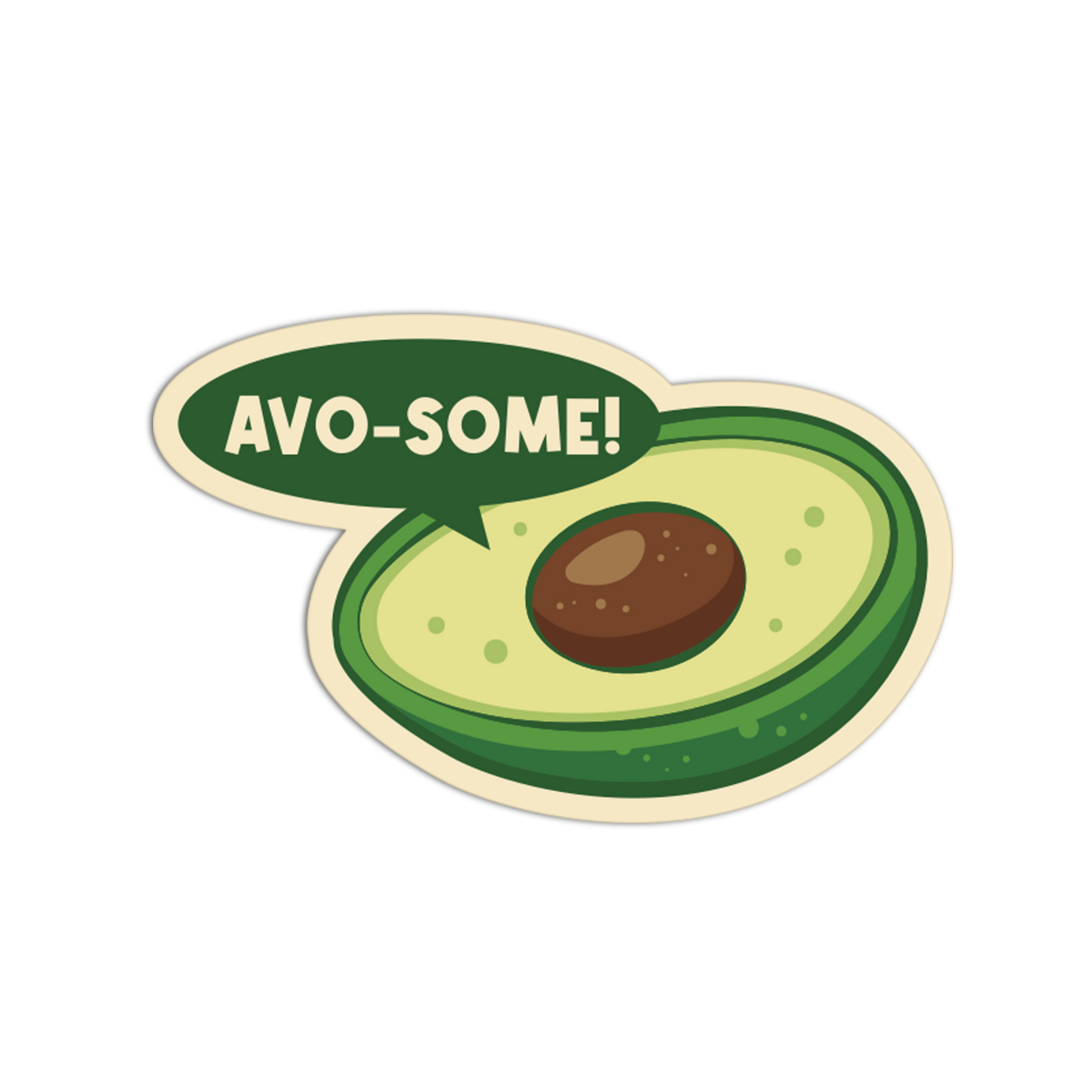 Avocado sticker with 'AVO-SOME!' text on a white background